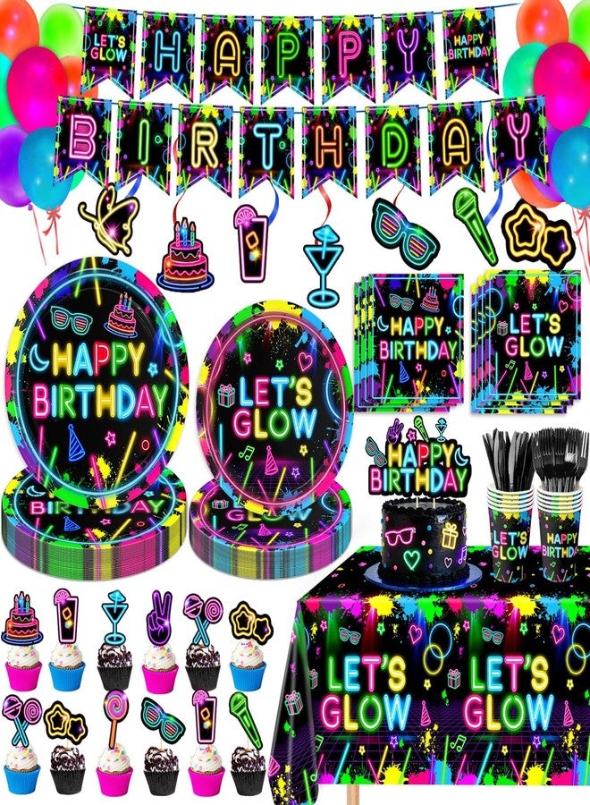 LINHAXM 184 Pcs Neon Party Decorations - Glow in the Dark Party Supplies - Plates, Napkins, Cups, Banner, Hanging Swirls, Tablecloth, Balloons, Toppers for Neon Birthday Party Decorations, Serves 24 - Image 1